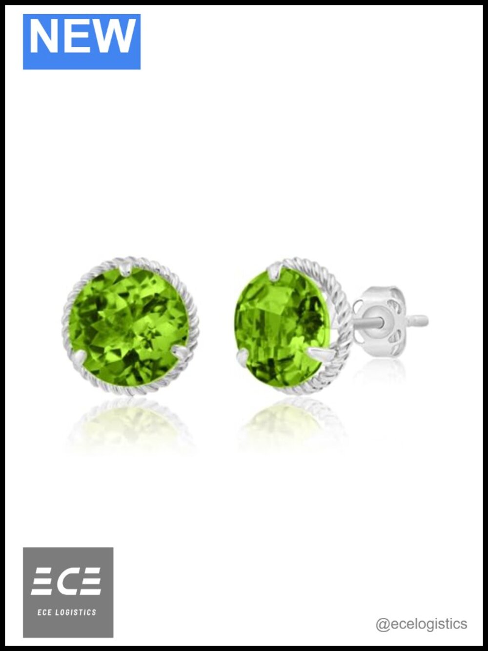 14K White Gold 8MM Peridot Stud Earrings Roped Halo